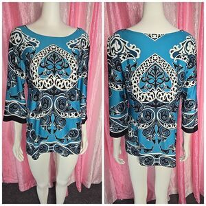 Dressbarn Blue Floral Art Stretch Workwear Tunic Top Size Large